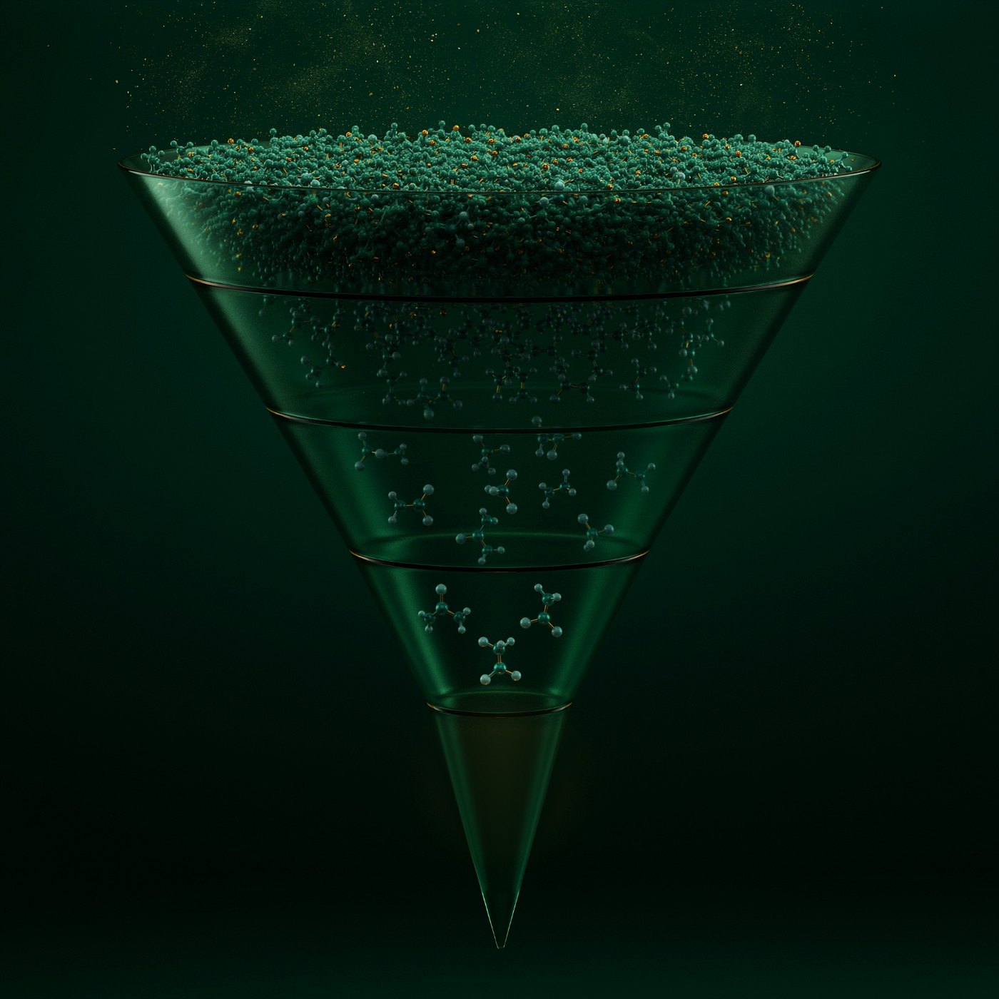 A glass funnel: thousands of molecules crowd the top layer, each ring below holds fewer, and a single golden molecule rests at the tip.